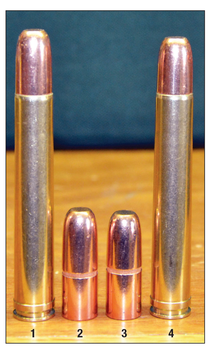 James Watts handloaded his .450 Watts with 480-grain softnose and solid bullets made by Kynoch for the British-designed .450 Nitro Express 3¼ inch. While 500-grain bullets are more popular among those who use the .450 Watts today, bullets of both weights are available from Hornady. From left: (1) .450 Watts loaded with Hornady 500-grain DGS, (2) Hornady 500-grain DGS, (3) Hornady 480-grain DGS, (4) .450 Watts loaded with Hornady 480-grain DGS.